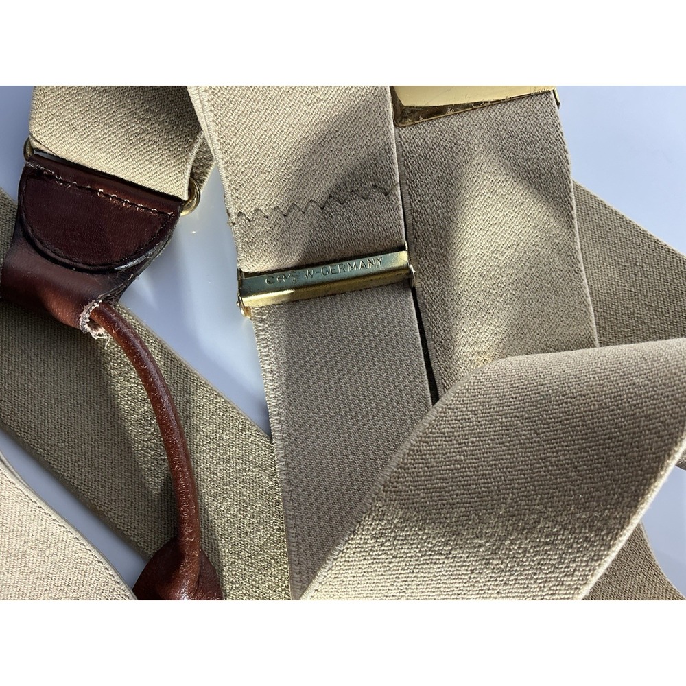 CAS W Germany Full Elastic Y Back Men's Suspenders  Leather Button Tab Tan/khaki
